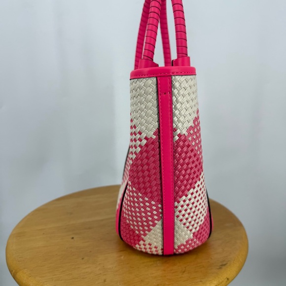 Kate Spade Cruise Gingham Medium Pink and Cream Woven Tote Bag